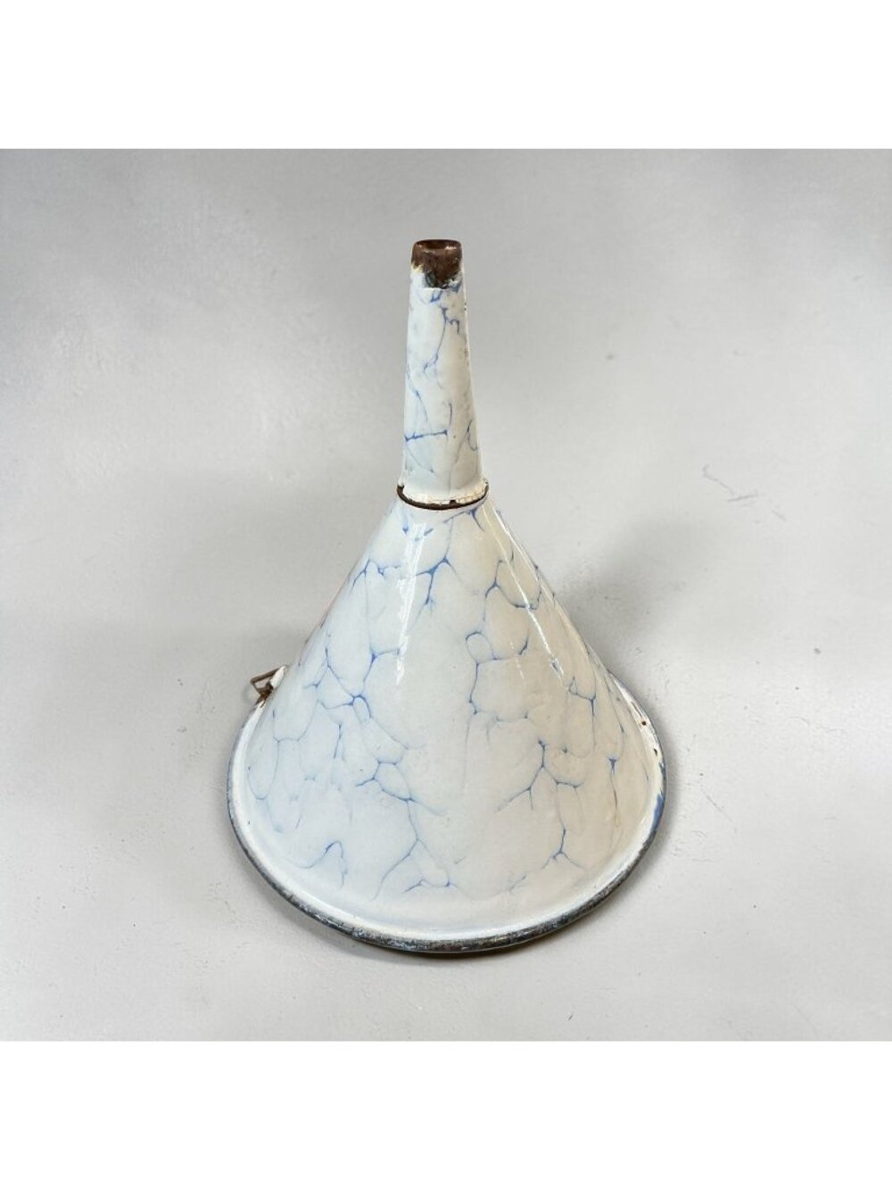 Vintage Enamel Metal Funnel, Marbled Blue & White, Chicken Wire Design